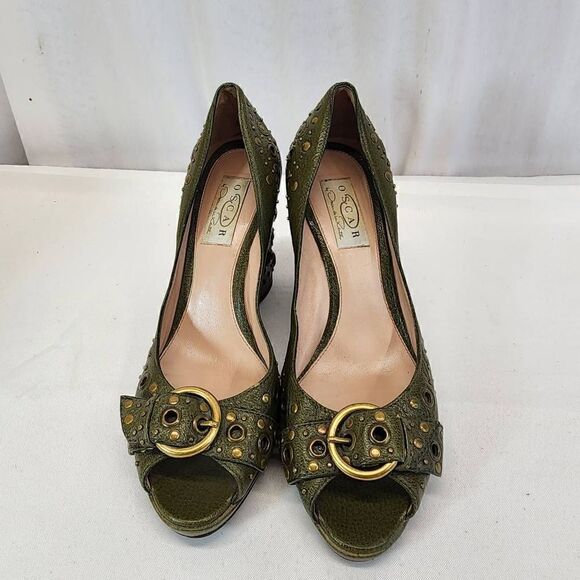 Oscar by Oscar de la Renta Leather Green Studded Wedges Heel in size 7.5 - Picture 3 of 9